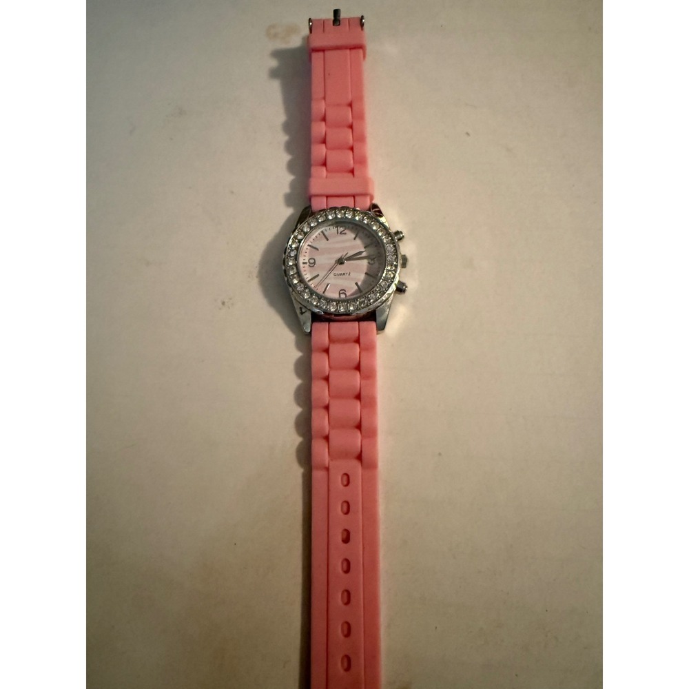 Pink‎ Silicone Band Quartz Watch Rhinestone Bezel Silver Tone Case Round Dial